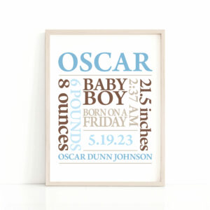 Custom Baby Birth Date Print Blue Brown simple frame