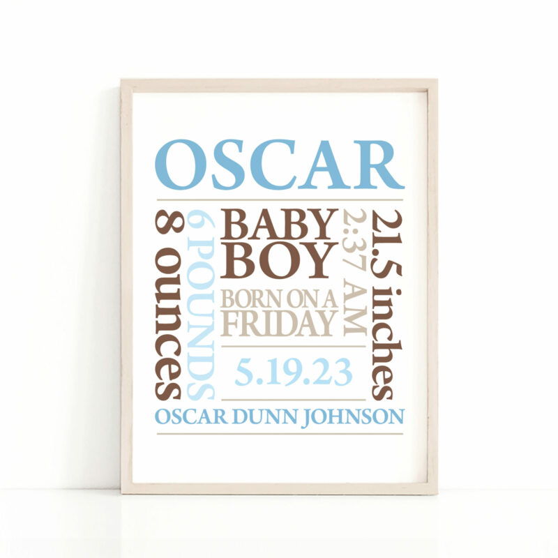 Custom Baby Birth Date Print Blue Brown simple frame